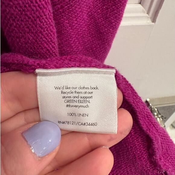 Eileen Fisher Size Large 100% Linen Magenta Open Cardigan Sweater Half Sleeves - Picture 4 of 4